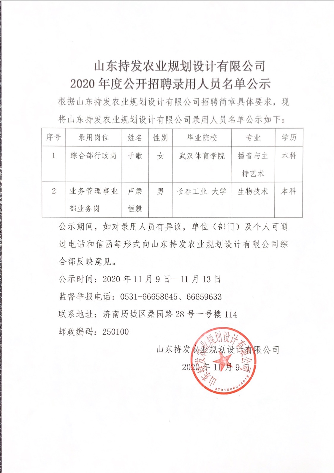 山(shān)东持发农业规划设计有(yǒu)限公(gōng)司 2020年度公(gōng)开招聘录用(yòng)人员名(míng)单公(gōng)示